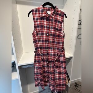 Red, White & Blue Plaid Button-Down Dress with Collar & Waist Tie